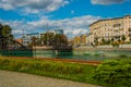 WROCLAW, POLAND: Beautiful landscape with waterfront views of the bridge and the river Odra Royalty Free Stock Photo