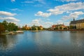 WROCLAW, POLAND: Beautiful landscape with waterfront views of the bridge and the river Odra Royalty Free Stock Photo
