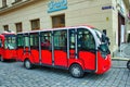 Wroclaw, Poland: December 29, 2017: A man dressed up as santa clause sitting inside a colorful van before 2018 new year in the