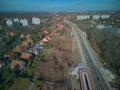 Aerial photography of Aleja Wielkiej Wyspy (Big Island Avenue) in Wroclaw, Poland - Most Olimpijski (Olympic Bridge)