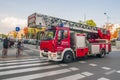 Wroclaw, Poland 2018. Fire brigade prepares to extinguish residential building.