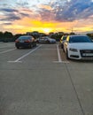 Meeting of fans of old cars at parking of shopping mall