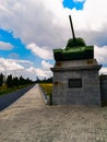 Old tanks standing on column at entrance to Soviet Officers Cemetery