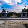 Old tanks standing on column at entrance to Soviet Officers Cemetery