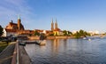 Ostrow Tumski Island with Holy Cross collegiate and St. John Baptist gothic cathedral over Odra river in Wroclaw in Poland