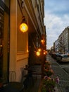 Small decorative bulbs around beer garden in small restaurant