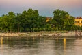 Beautiful and colorful cityscape of old city and promenade in Wroclaw city over the Odra river at