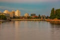 Beautiful and colorful cityscape of old city and promenade in Wroclaw city over the Odra river at Royalty Free Stock Photo