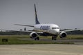 Wroclaw, Poland - June 17, 2020: Boeing 737 Ryanair airplane taxiing to the terminal, just before landing