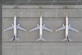 Wroclaw, Poland - June 17, 2020: Top down view on Ryanair airplane in the parking lot of the airport apron. Low cost airlines