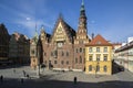 Wroclaw / POLAND - March 30, 2018: City hall with tower on main Wroclaw square, touristic season, sunny and blue sky Royalty Free Stock Photo