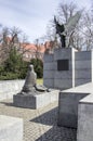 Wroclaw / POLAND - March 30, 2018: Monument of Katyn massacre in sunlight. The Lower Silesian Family Of Katyn black sculpture