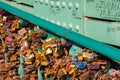 Wroclaw, Poland - March 9, 2108: Symbolic love padlocks fixed to the railings of grunwaldzki bridge, Wroclaw, Poland.