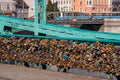 Wroclaw, Poland - March 9, 2108: Symbolic love padlocks fixed to the railings of grunwaldzki bridge, Wroclaw, Poland.