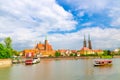 Wroclaw, Poland, May 7, 2019: Panoramic view of Ostrow Tumski: Collegiate Church Holy Cross