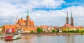 Wroclaw, Poland, May 7, 2019: Panoramic view of Ostrow Tumski: Collegiate Church Holy Cross