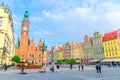 Wroclaw, Poland, May 7, 2019: Row of colorful buildings with multicolored facade, Old Town Hall Royalty Free Stock Photo