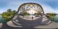 WROCLAW, POLAND - OCTOBER 2018: Full spherical 360 degrees angle view panorama near steel frame construction of huge bridge across