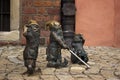 Wroclaw, Poland - October 31, 2019. Miniature sculpture, three gnomes blind in the center of the old city of Wroclaw