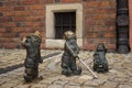 Wroclaw, Poland - October 31, 2019. Miniature sculpture, three gnomes blind in the center of the old city of Wroclaw