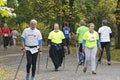 WROCLAW, POLAND - OCTOBER 15, 2017: People in fitness course nordic walking competition in the city park Royalty Free Stock Photo