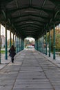 Symmetrical view of long platform of old Wroclaw Swiebodzki railway station with green roof and