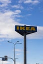 Wroclaw, Poland- October 25, 2025: Tall, triangular IKEA sign with its distinctive blue and yellow logo, mounted on a grey column Royalty Free Stock Photo