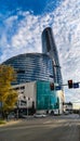 Vertical panorama of modern glass skyscraper Sky Tower building with apartments and offices at Royalty Free Stock Photo