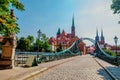 WROCLAW,POLAND. Panoramic view of renovated Tumski Bridge Most Tumski in Wroclaw