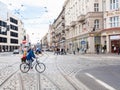 Bicyclist on the tramway in Wroclaw city