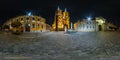 WROCLAW, POLAND - SEPTEMBER, 2018: night full seamless spherical panorama 360 degrees district Ostrow Tumski with spires