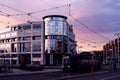 Wroclaw, Poland. 08/28/2020 tram arriving at a bus stop in front of a modern office building Bema Plaza at Bema Street