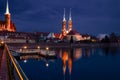 Wroclaw Poland view to Cathedral of St John the Baptist on a Tumski Island and its reflections on a Odra river surface. Blue Hour Royalty Free Stock Photo