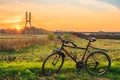 Wroclaw Redzinski bridge over the Odra river at sunset during a bicycle ride along the river through the fields Royalty Free Stock Photo