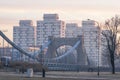 Wrolcaw, Poland. Grunwald bridge most grunwaldzki with concrete 70s buildings in the bacground