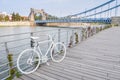 Wrolcaw, Poland. Grunwald bridge most grunwaldzki with promenade on river bank.