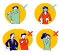 Wrong and Correct Ways for Sneezing. Male and Female Characters Using Cubit to Sneeze, and Wearing Facial Medical Masks