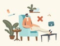 Wrong Medicines Care Concept. Sick Male Character Having Flu Disease Wearing Warm Scarf Sitting at Home in Armchair