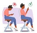 In The Wrong Posture, Female Character Slouches On A Chair, Hunched Over The Smartphone. In The Proper Posture Royalty Free Stock Photo