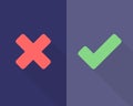 Wrong and right check mark flat icons with long shadow. Vector illustration, flat design Royalty Free Stock Photo