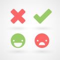 Wrong and right check mark icons. Happy and unhappy smileys. Vector illustration, flat design Royalty Free Stock Photo