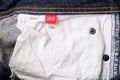 The wrong side, fabric of jeans denim pocket close up, reverse and back side of clothes Royalty Free Stock Photo