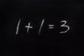 Wrong sum 1 1 3 written blackboard equation one plus one equals three written black board. Incorrect sum 1 plus 1 equals