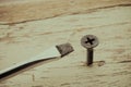 Wrong tool for this job. Screw and screwdriver on old wooden background. Recruitment, HR human resources management in business Royalty Free Stock Photo