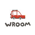 Wroom. Lettering and Vector childish illustration of a red typewriter in a simple hand-drawn Scandinavian style. Ideal for baby Royalty Free Stock Photo