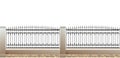 Wrought iron fence with plastered brick pillars and stone foundation. Horizontal seamless design. Isolated on white Royalty Free Stock Photo