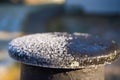 Wrought iron fence in the winter in the snow, close-up, background. Royalty Free Stock Photo