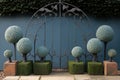 wrought-iron garden gate topped with topiary balls