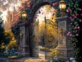 Wrought iron gate, autumn romantic evening scene, entrance in the garden, arch with roses flowers Royalty Free Stock Photo