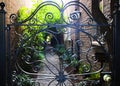 Wrought Iron Gate Doorway Entrance to Sunlit Sidewalk Pathway